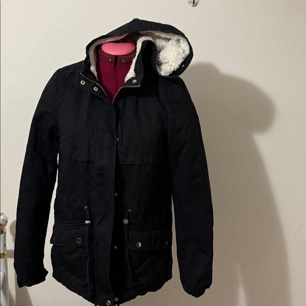 H&M Divided Women's Black Faux
Fur Pile-lined Parka Jacket with hood - Picture 8 of 15